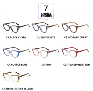 Collection of seven colorful square cat-eye glasses frames with various lens tints