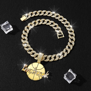 Hip hop gold Cuban chain necklace with I'm back basketball pendant and crystals