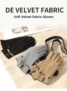Detail view of winter velvet gloves in black, grey and camel colors with stylish metal buckles