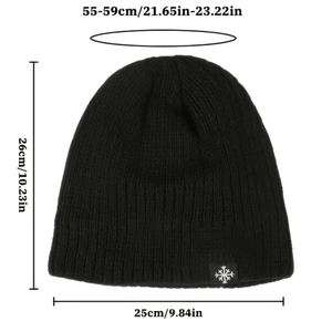 Detailed size guide for black knitted beanie with height and width measurements