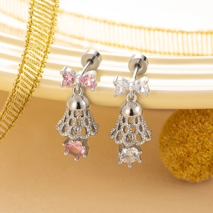 Elegant bowknot bell earrings in silver stainless steel with pink and white gemstones