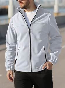 Close-up of light grey fleece jacket with high collar and full zip for outdoor activities