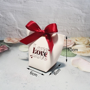 Beige romantic Love wedding favor box with red ribbon and 6x6x10cm size dimension details