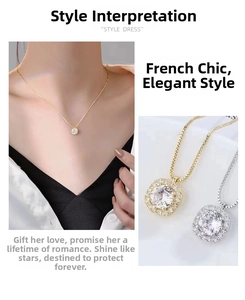 Detail of square halo pendant necklace with sparkling center stone in gold and silver finish