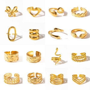 Collection of sixteen distinct gold-plated adjustable rings in various minimalist designs