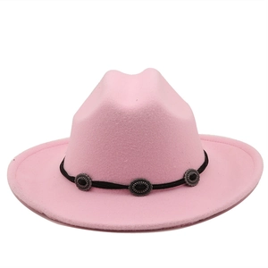 Pink felt fedora cowboy hat with black decorative band and silver oval metal buckles
