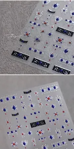 Detailed macro view of 3D embossed nail art stickers with silver lines and colorful gems