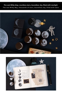 Detailed view of Moon Phase rubber stamps used for vintage scrapbooking decoration