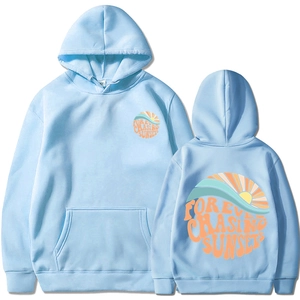 Light blue hoodie with 'Forever Chasing Sunsets' print, long sleeve and kangaroo pocket