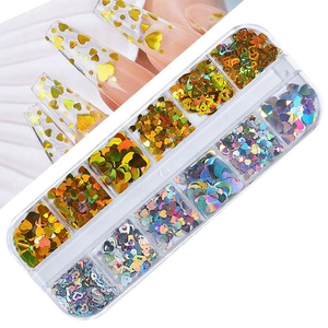 Detail view of 12-grid nail art heart sequins with laser holographic and luminous finish