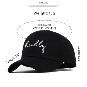 Detailed size specifications for a black baseball cap with white Hubby embroidery
