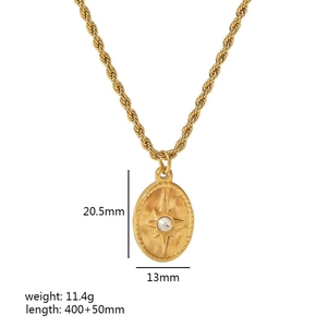 Detail view of 18K gold stainless steel oval pendant with starburst and twist chain specs