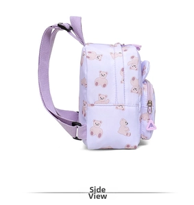 Side view of a purple kids backpack with cute pink bear print and adjustable straps