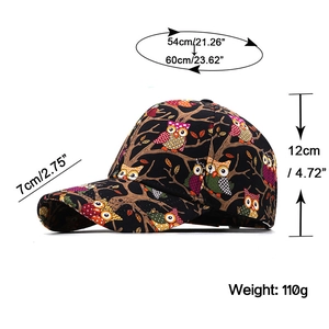 Unisex baseball cap with colorful owl print including sizing and weight dimensions