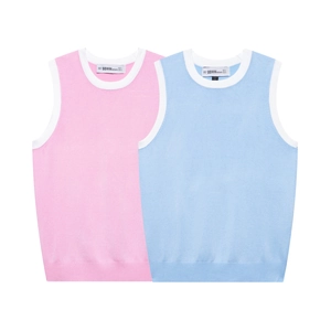 Débardeur En Tricot Pour Femmes Bordure Contrastée Col Rond Sans Manches Coupe Ajustée Polyester Décontracté Doux Chic