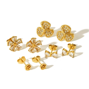 Elegant 18k gold plated stainless steel floral and bow stud earring set with zircons