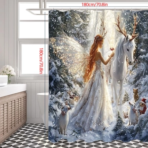 Detail of 3D Christmas shower curtain with unicorn and forest print measuring 180x180cm