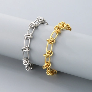 Hip-hop style knot link chain bracelet in silver and gold stainless steel for unisex