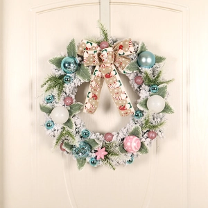 Christmas Wreath Flocked PE PVC Artificial Pine Garland With Pink Blue Balls Linen Gnome Bow For Front Door Home Decor