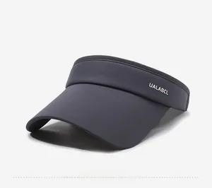 Detail view of dark grey ice silk sun hat with white UALABCL lettering and wide brim