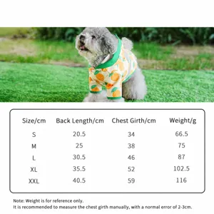 Waterproof yellow puppy raincoat with fruit print and size guide for small dogs