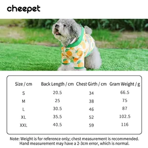 Waterproof yellow puppy raincoat with fruit print and size guide for small dogs