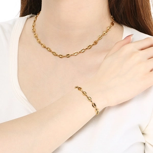 Ensemble collier et bracelet en acier inoxydable plaqué or 18K avec maille grain de café