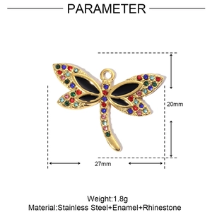Detailed view of dragonfly pendant in gold finish with colorful rhinestones and enamel
