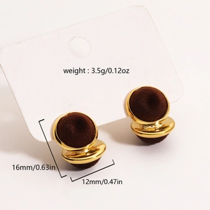 Macro view of brown velvet oval earrings with 18K gold trim showing dimensions and weight