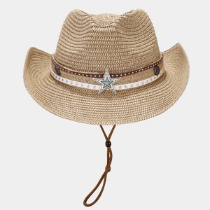 Western style straw sun hat with star metal badge and adjustable windproof strap