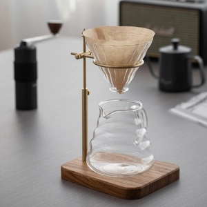 Adjustable brass and solid wood coffee pour over stand with glass dripper and carafe set
