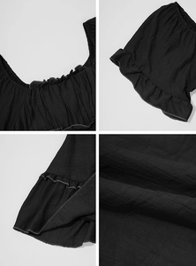 Detail of square neckline and ruffled sleeves on a black textured summer mini dress