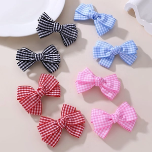 Cute Korean style checkerboard bow hair clips in black, blue, red, and pink set