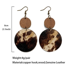 Retro Western drop earrings featuring wood, genuine leather, and cowhide fur textures
