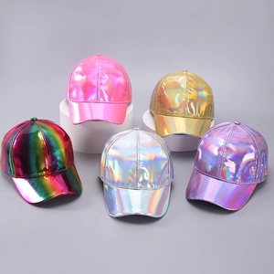 Macro shot of waterproof holographic laser PU baseball caps in five vibrant metallic colors