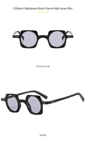 Front and side view of punk style square sunglasses with black frames and light grey lenses