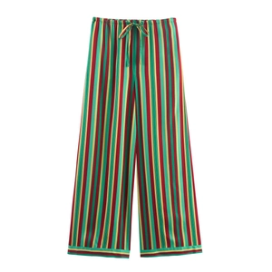 Women Vertical Striped Wide Leg Pants High Waisted Satin Casual Drawstring Pajama Style Trousers