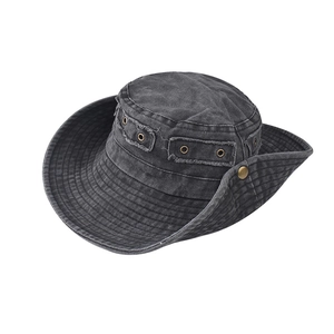 Waschbarer Sonnenhut aus Baumwolle mit grauem Distressed-Stoff und Metallösen zum Wandern