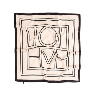 70cm square silk scarf with black geometric HOME pattern on elegant beige background