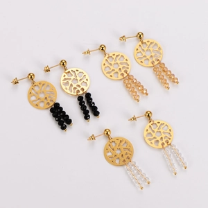 Vintage stainless steel dreamcatcher earrings with colorful tassel beads on white backdrop