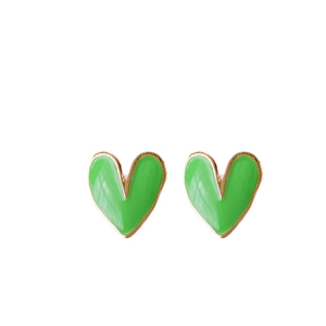 Elegant green enamel heart stud earrings with a minimalist golden frame for women