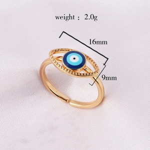 Detailed dimensions of gold Evil Eye ring with blue enamel inlay and dimensions 16x9mm