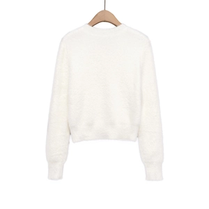 Elegant white knit cardigan sweater with round neck and plush mohair texture for women