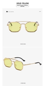 Detailed macro view of steampunk golden metal frame sunglasses with yellow lenses