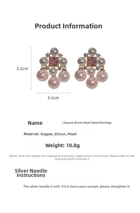 Detail view of pink zircon pearl tassel earrings with 2.2x3.1cm size and 10.8g weight