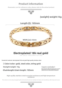 Detail view of 18K gold plated stainless steel magnetic bracelet with size specifications