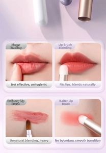 Macro detail of round-head lip brush blending lipstick smoothly on skin and lips