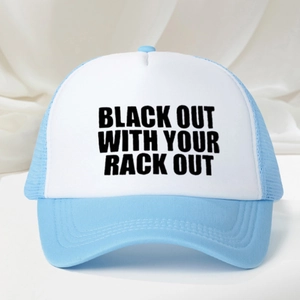 Sky blue and white trucker hat with Black Out slogan and breathable mesh back