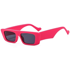 Retro rectangle sunglasses with bright pink thick frame and wide temples on white background