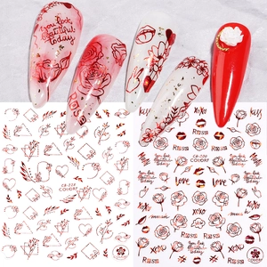 3D adhesive nail stickers with red hearts and golden roses for romantic manicures